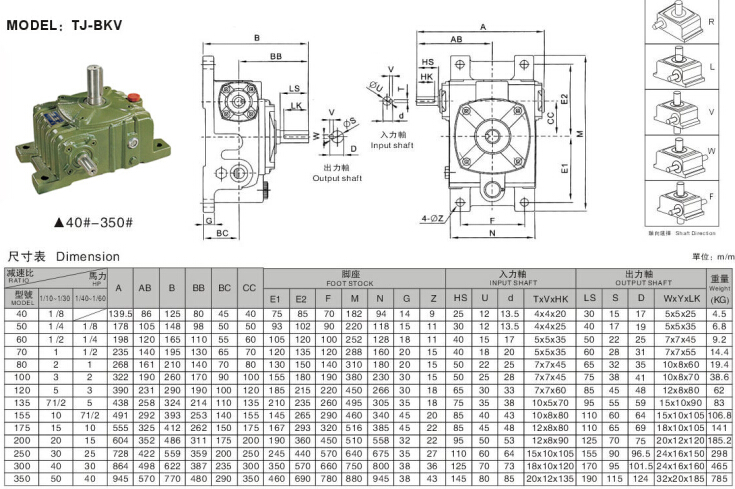 顆粒液體包裝機(jī)用蝸輪蝸桿減速機(jī)WPO尺寸參數(shù)表